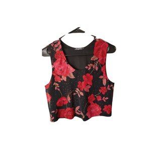 Gepetto Vintage Black Red Floral Crop Tank Top Sleeveless Blouse Sz Small